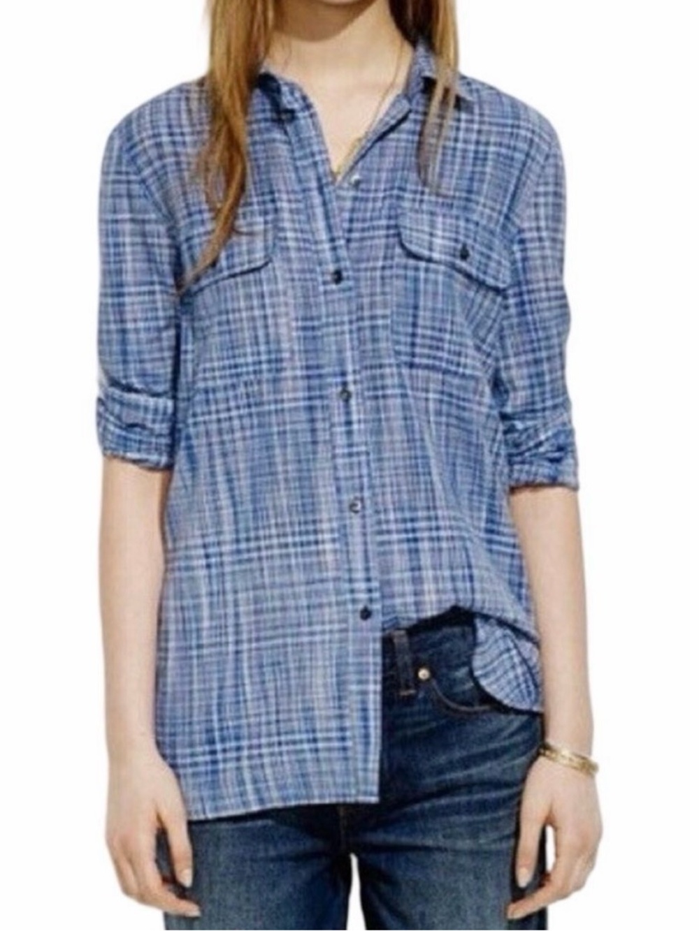 Madewell Ex Boyfriend Shirt Womens Small Blue White Plaid Button Down Blouse